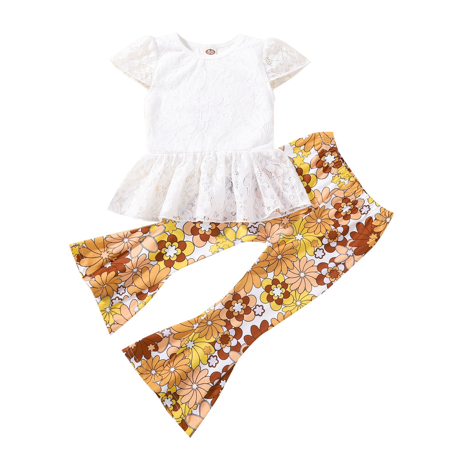 Girls Lace Short-sleeved Top Bell-bottom Pants