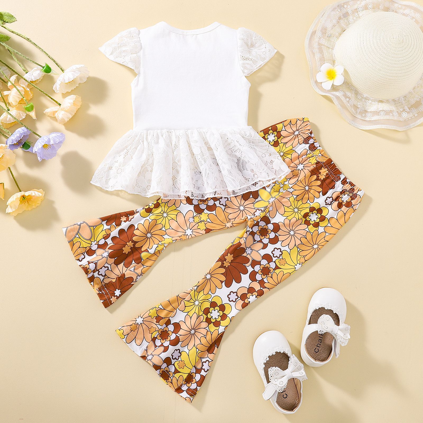 Girls Lace Short-sleeved Top Bell-bottom Pants