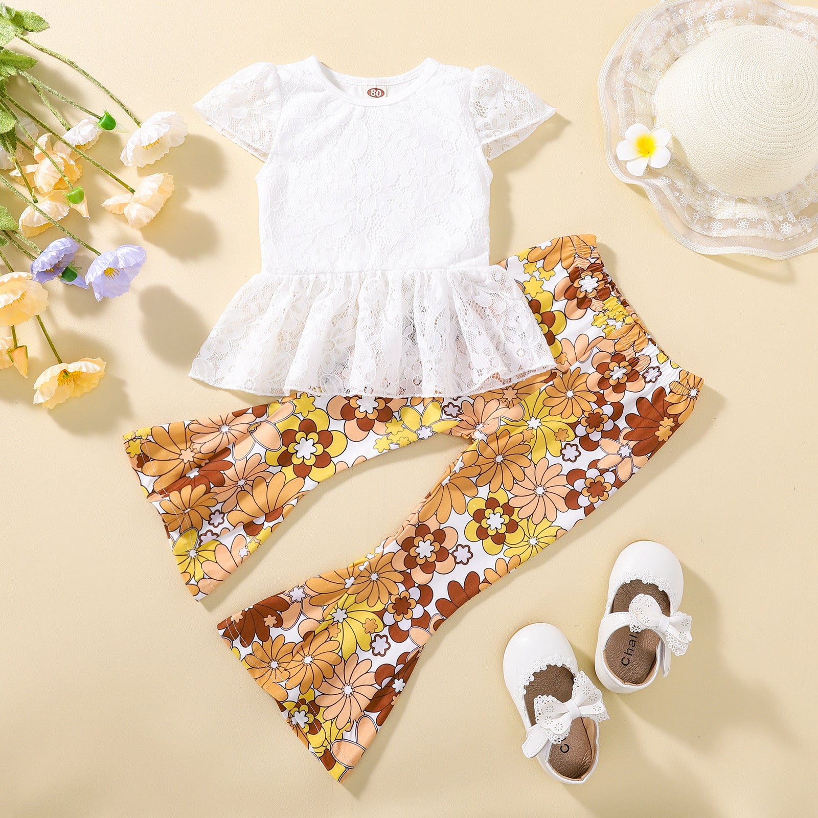 Girls Lace Short-sleeved Top Bell-bottom Pants